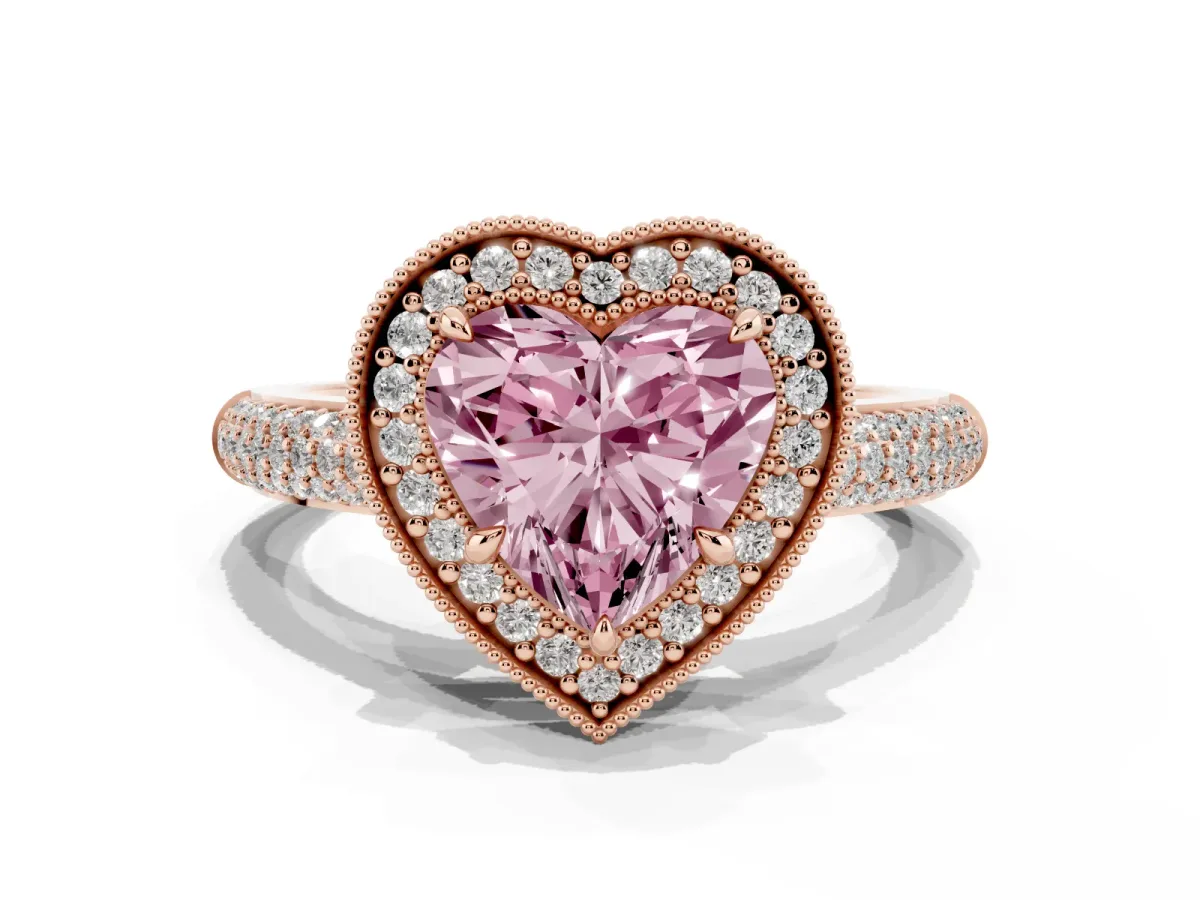 Fancy Pink Heart Cut Cut Halo Diamond Pave Band with Four-Prong Setting Rose gold
