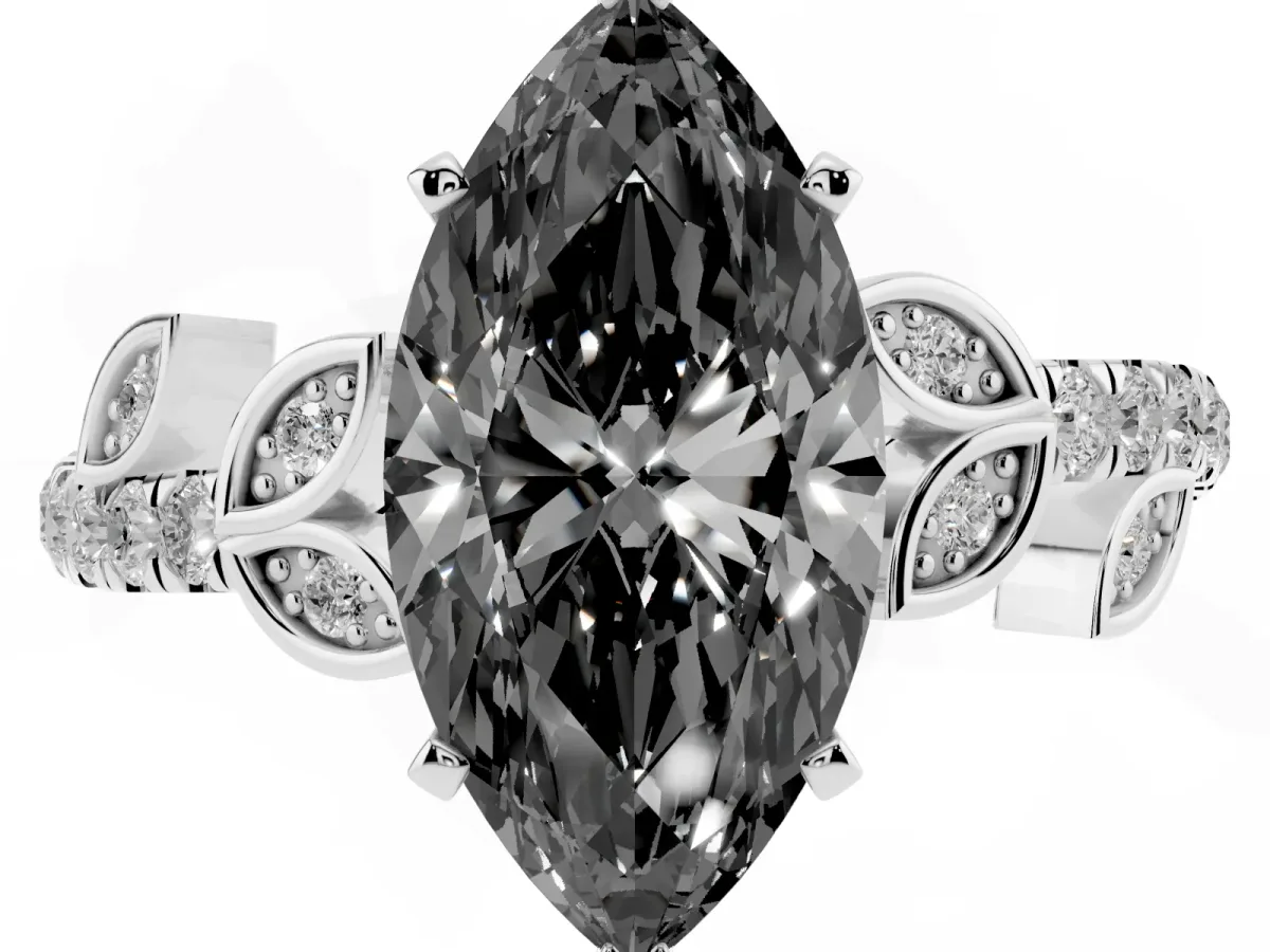 Fancy Black Marquise Cut Solitaire Leaf-Inspired Diamond Ring with Pavé Band and Four-Prong Setting Silver