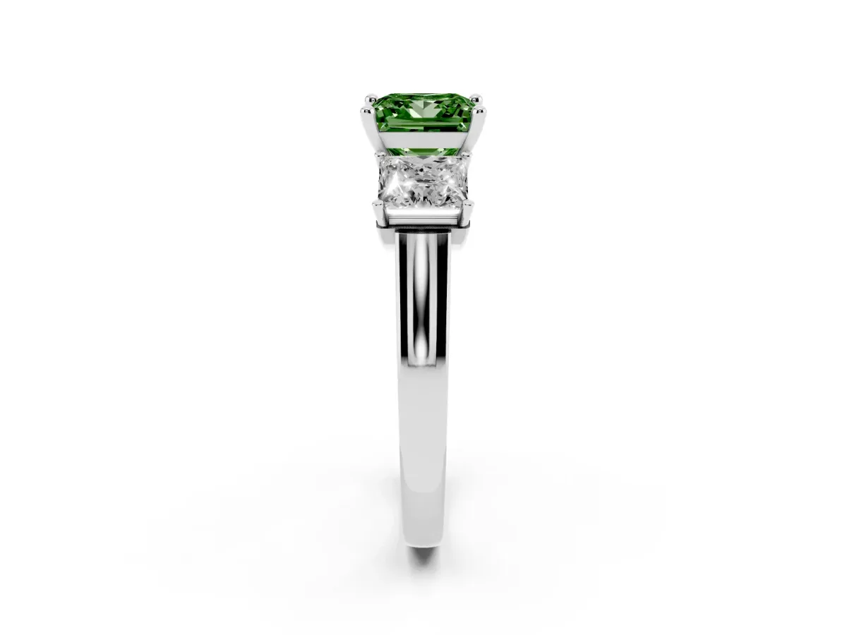 Fancy Green Three-Stone Princess Cut Brilliant Diamond Trellis Ring with Comfort Fit Band White gold