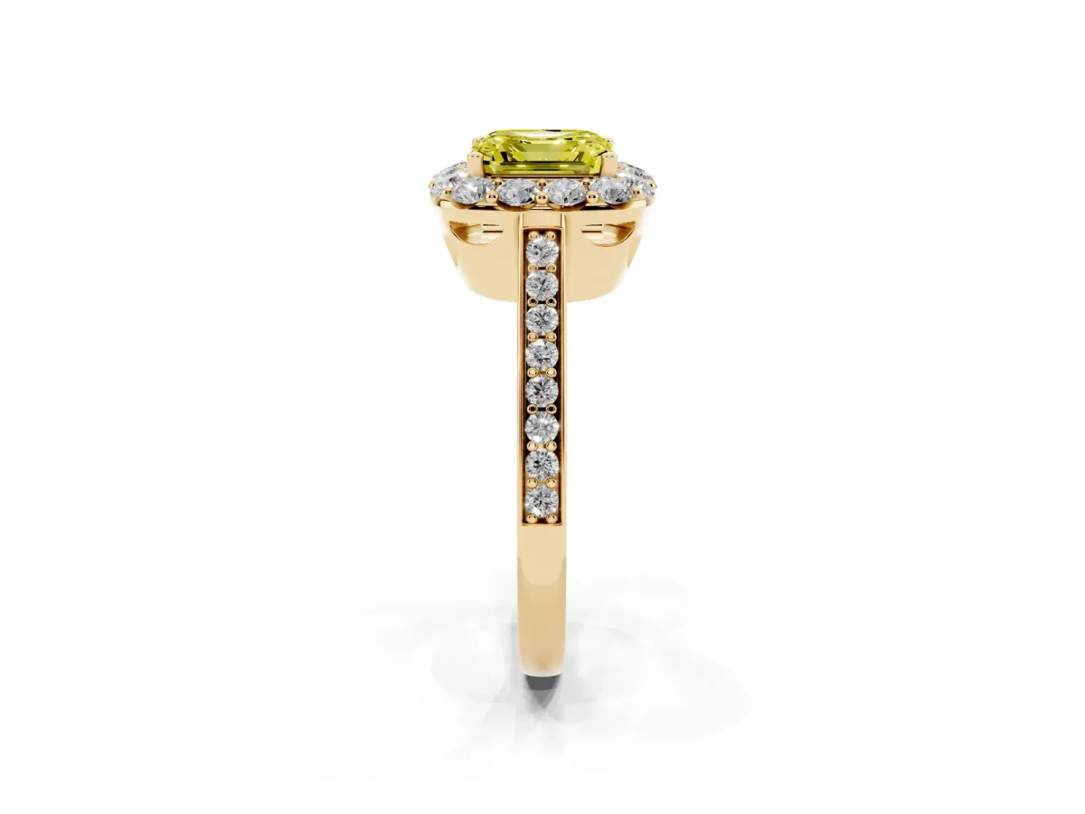 Fancy Yellow Asscher Cut Diamond Floral Halo Ring with Pavé Band and Prong Setting Yellow gold