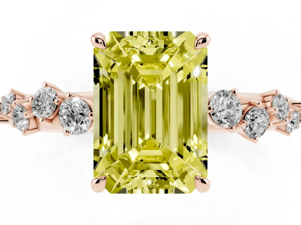 Fancy Yellow Emerald Cut Diamond Cluster Prong-Set Solitaire Ring Rose gold