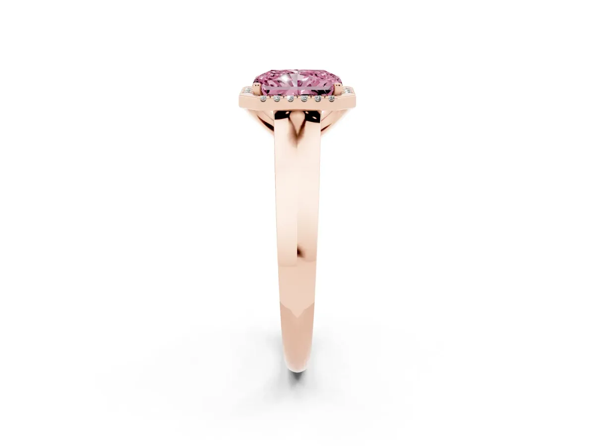 Fancy Pink Radiant Cut Halo Diamond Ring with Cathedral Band and Four-Prong Setting Rose gold