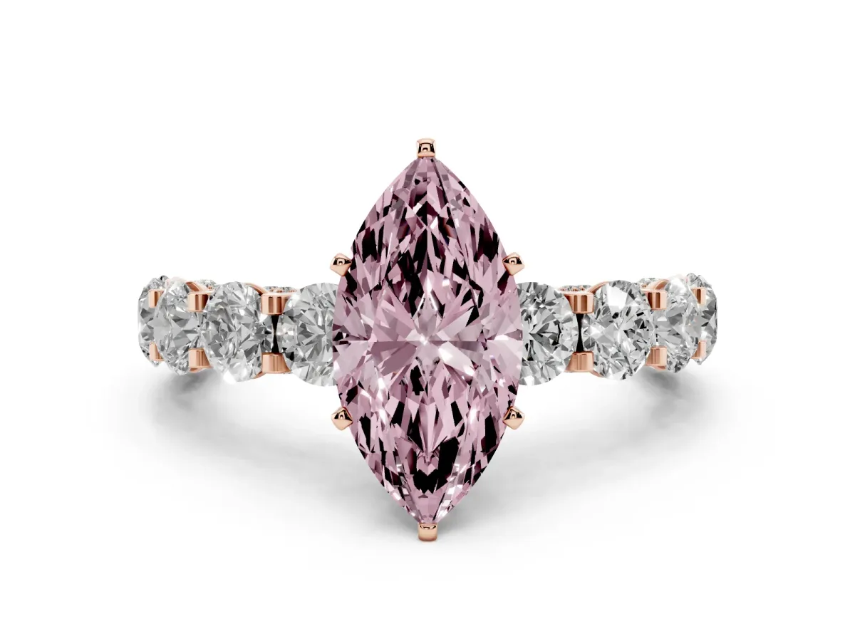 Fancy Pink Marquise Cut Diamond Side Stone Engagement Ring with Four-Prong Setting Rose gold