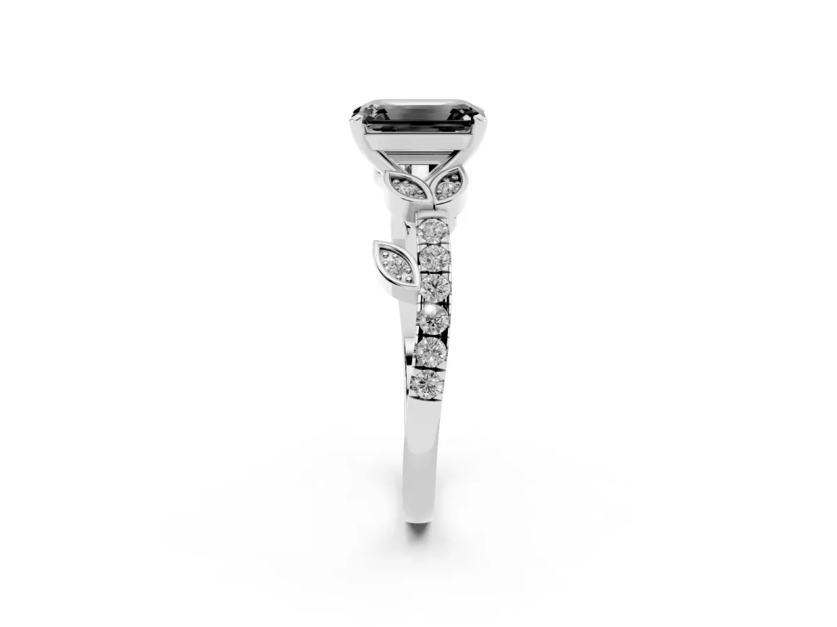 Fancy Black Emerald Cut Solitaire Leaf-Inspired Diamond Ring with Pavé Band and Four-Prong Setting Silver