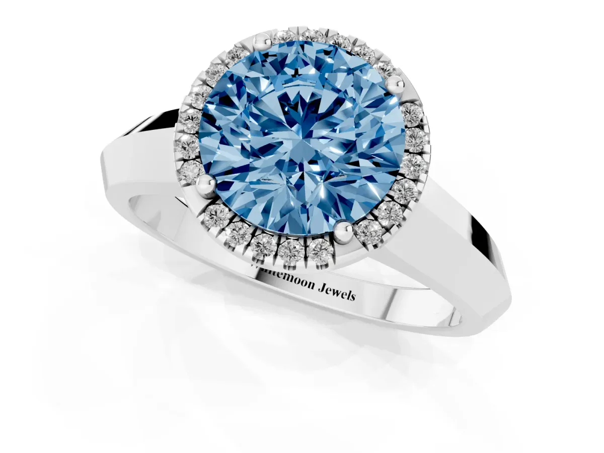 Fancy Blue Round Cut Halo Diamond Ring with Cathedral Band and Four-Prong Setting Platinum