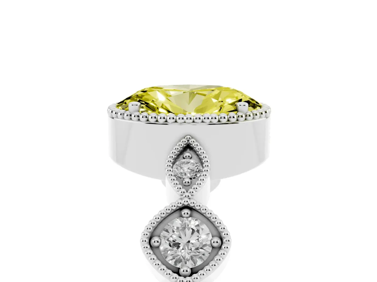 Fancy Yellow Oval Cut Diamond Vintage Milgrain Ring with Round Stations Silver