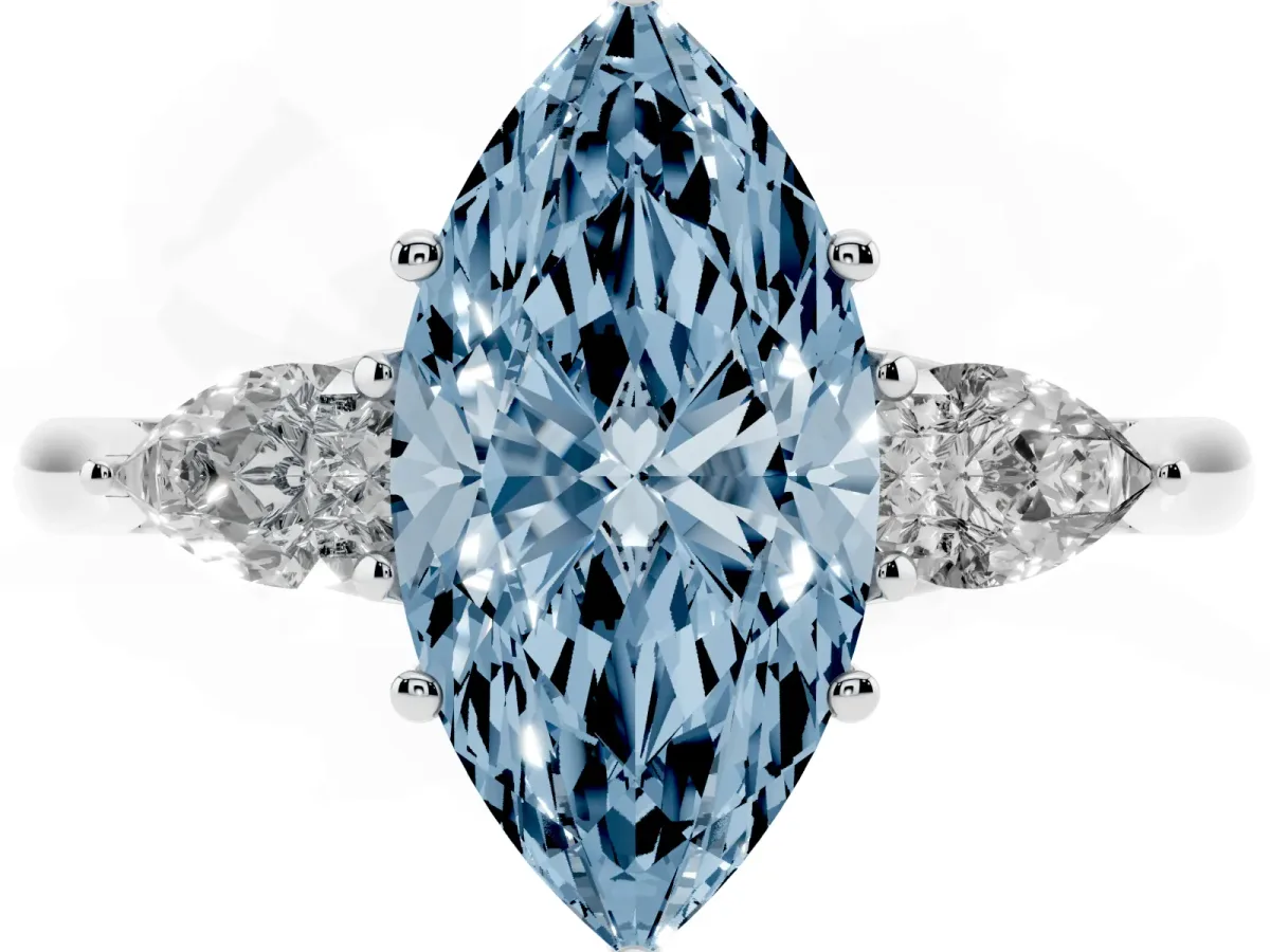 Fancy Blue Marquise Cut Diamond Three-Stone Ring with Pear Side Stones and Prong Setting Silver