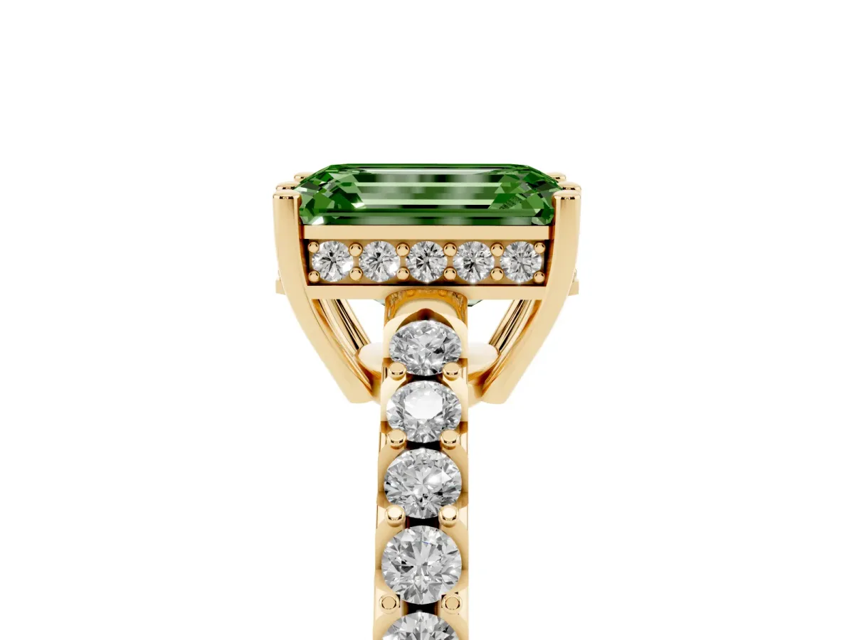 Fancy Green Emerald Cut Solitaire Diamond Engagement Ring with Pavé Band and Six-Prong Setting Yellow gold