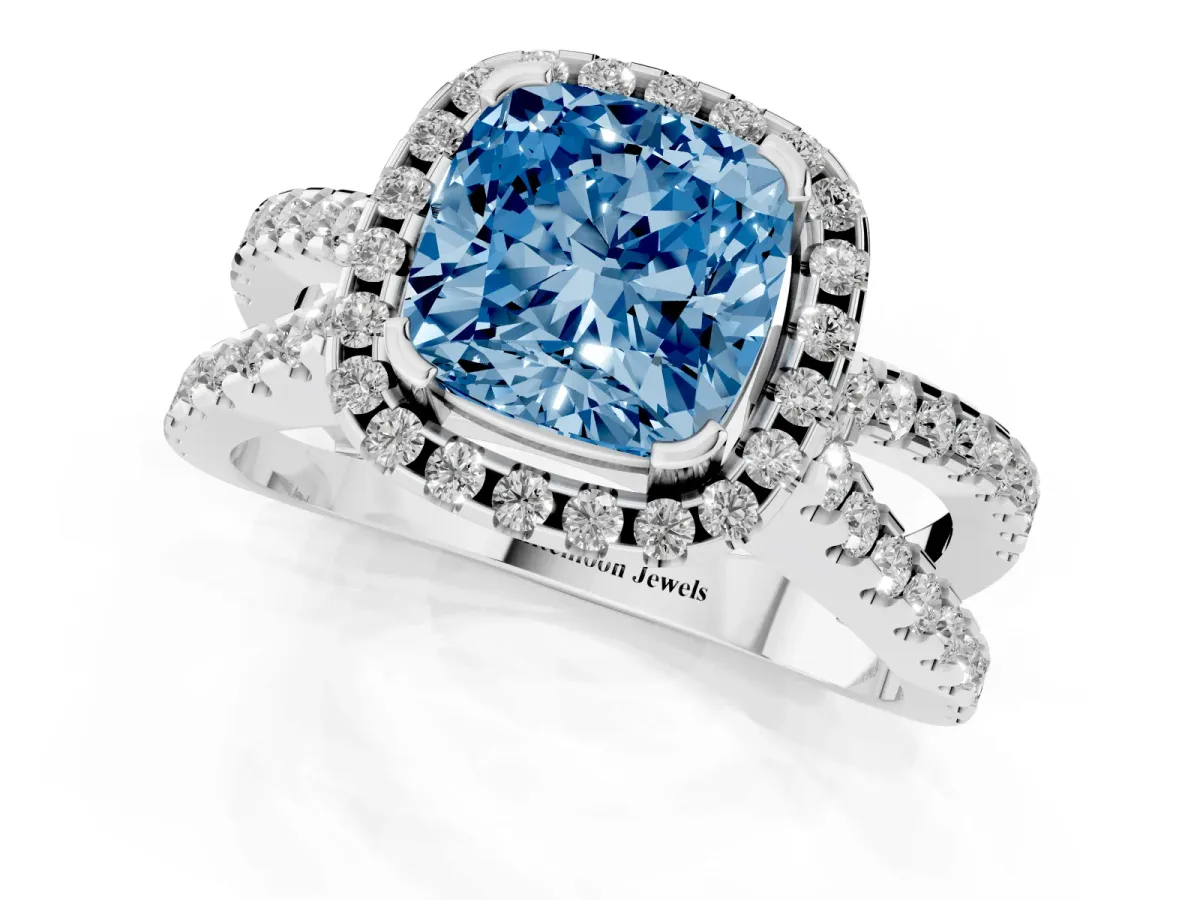 Fancy Blue Cushion Cut Diamond Halo Ring with Split Shank Pavé Band and Prong Setting Silver