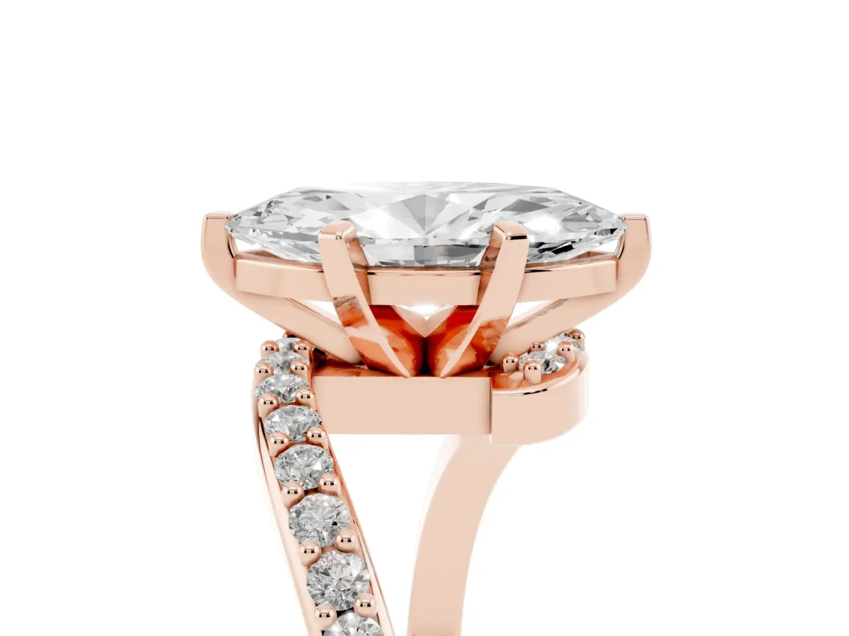 Marquise Cut Solitaire Twist Band with Pave Set Diamonds and Four-Prong Setting Rose gold