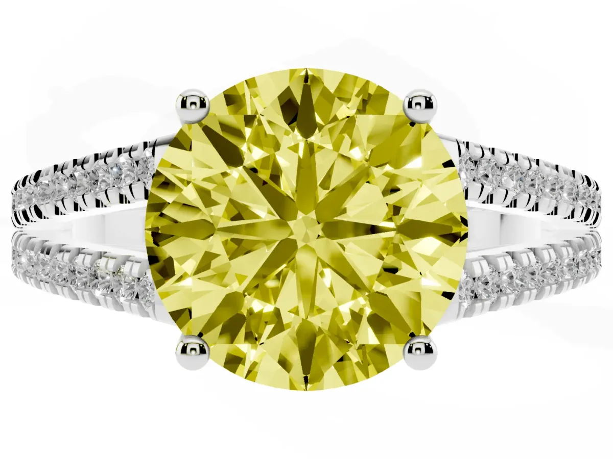 Fancy Yellow Round Cut Diamond Solitaire Engagement Ring with Split Shank Pavé Band Silver