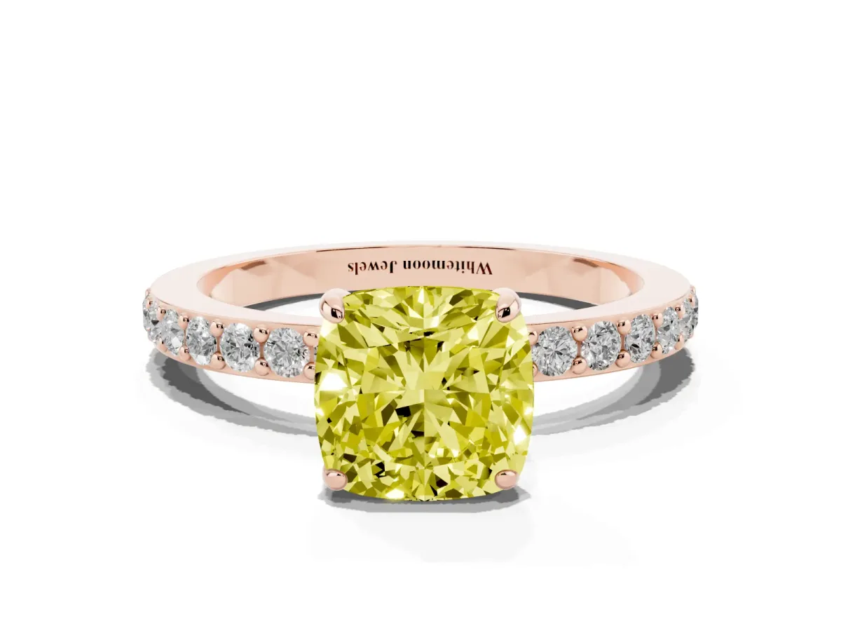 Fancy Yellow Cushion Cut Diamond Pavé Engagement Ring with Round Accents and Prong Setting Rose gold