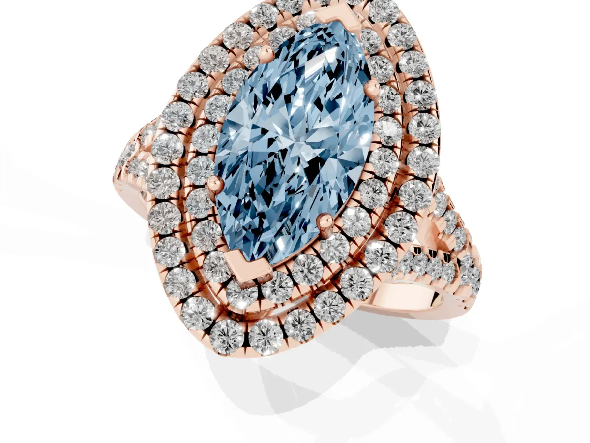Fancy Blue Double Halo Marquise Cut Diamond Pavé Split Shank Ring with Prong Setting Rose gold