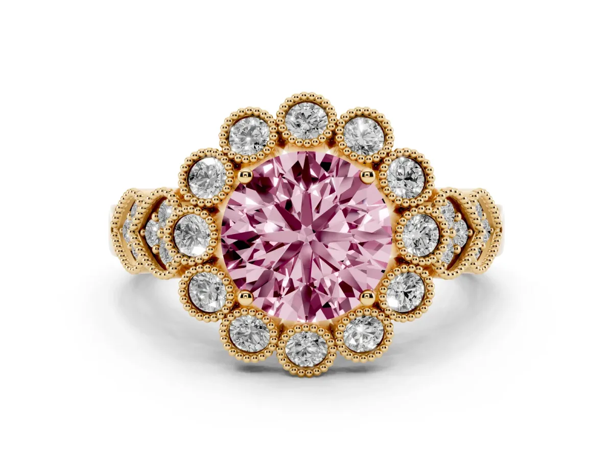 Fancy Pink Round Cut Brilliant Milgrain Pave Heart Band Solitaire Ring Yellow gold