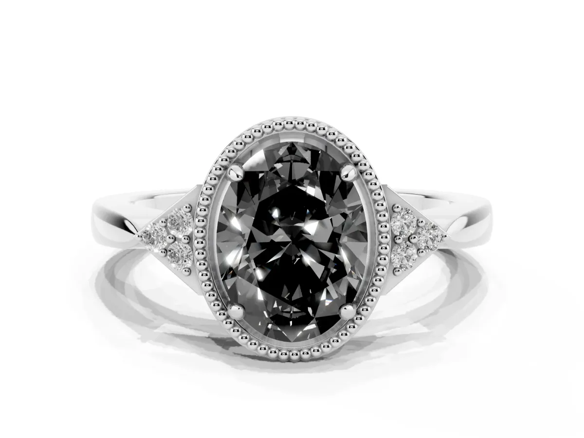 Fancy Black Hexagonal Halo Oval Cut Diamond Solitaire with Pavé Band and Four-Prong Setting Silver