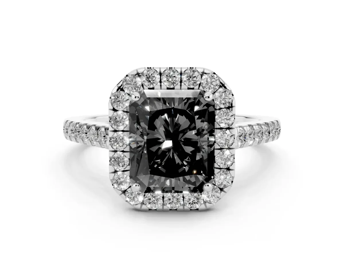Fancy Black Radiant Cut Halo Pave Diamond Engagement Ring with Four-Prong Setting Platinum