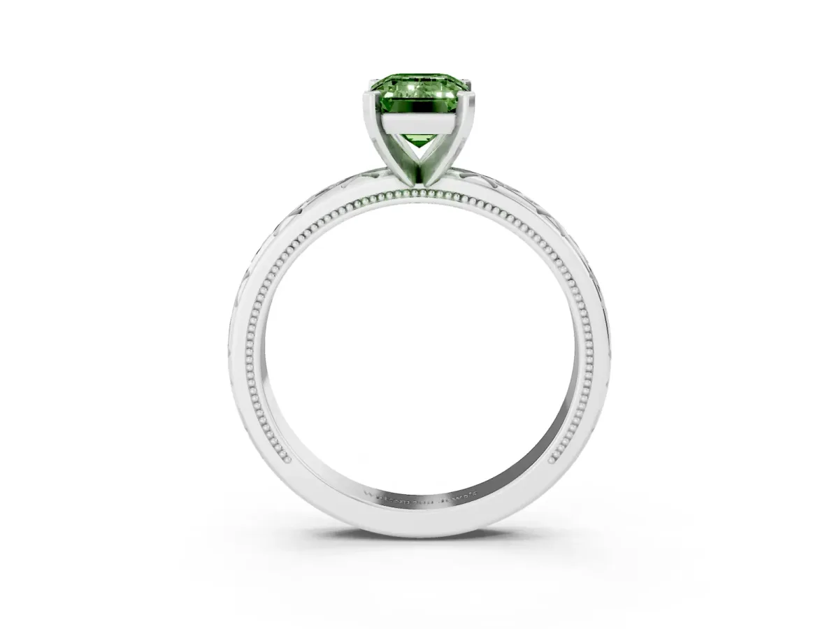 Fancy Green Emerald Cut Solitaire Engagement Ring with Scrollwork Band and Four-Prong Setting Platinum