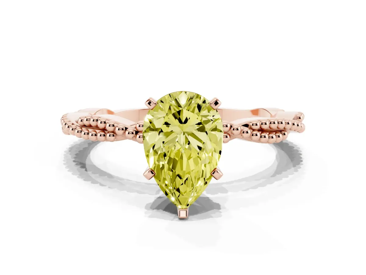 Fancy Yellow Pear Cut Solitaire Twisted Band with Bead Prong Setting Rose gold