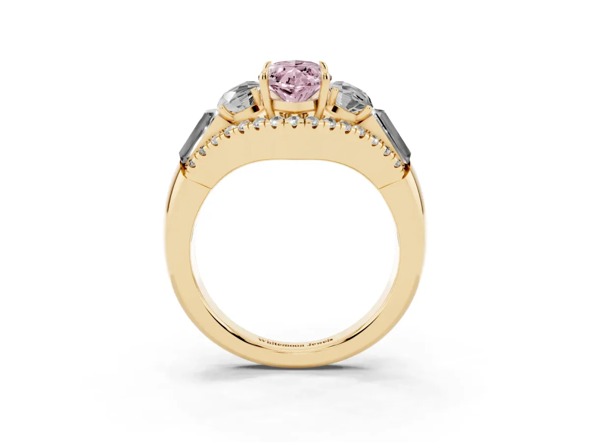 Fancy Pink Three-Stone Marquise Cut Diamond Engagement Ring with Pave Band and Prong Setting Yellow gold