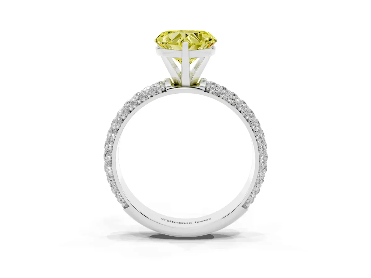 Fancy Yellow Heart Cut Diamond Solitaire Ring with Prong Setting and Pavé Band Silver