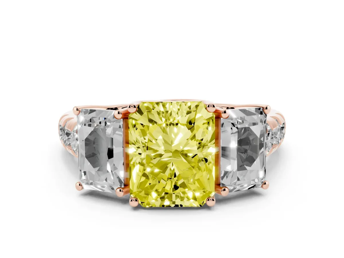 Fancy Yellow Three-Stone Radiant Cut Diamond Pavé Band with Prong Setting Rose gold