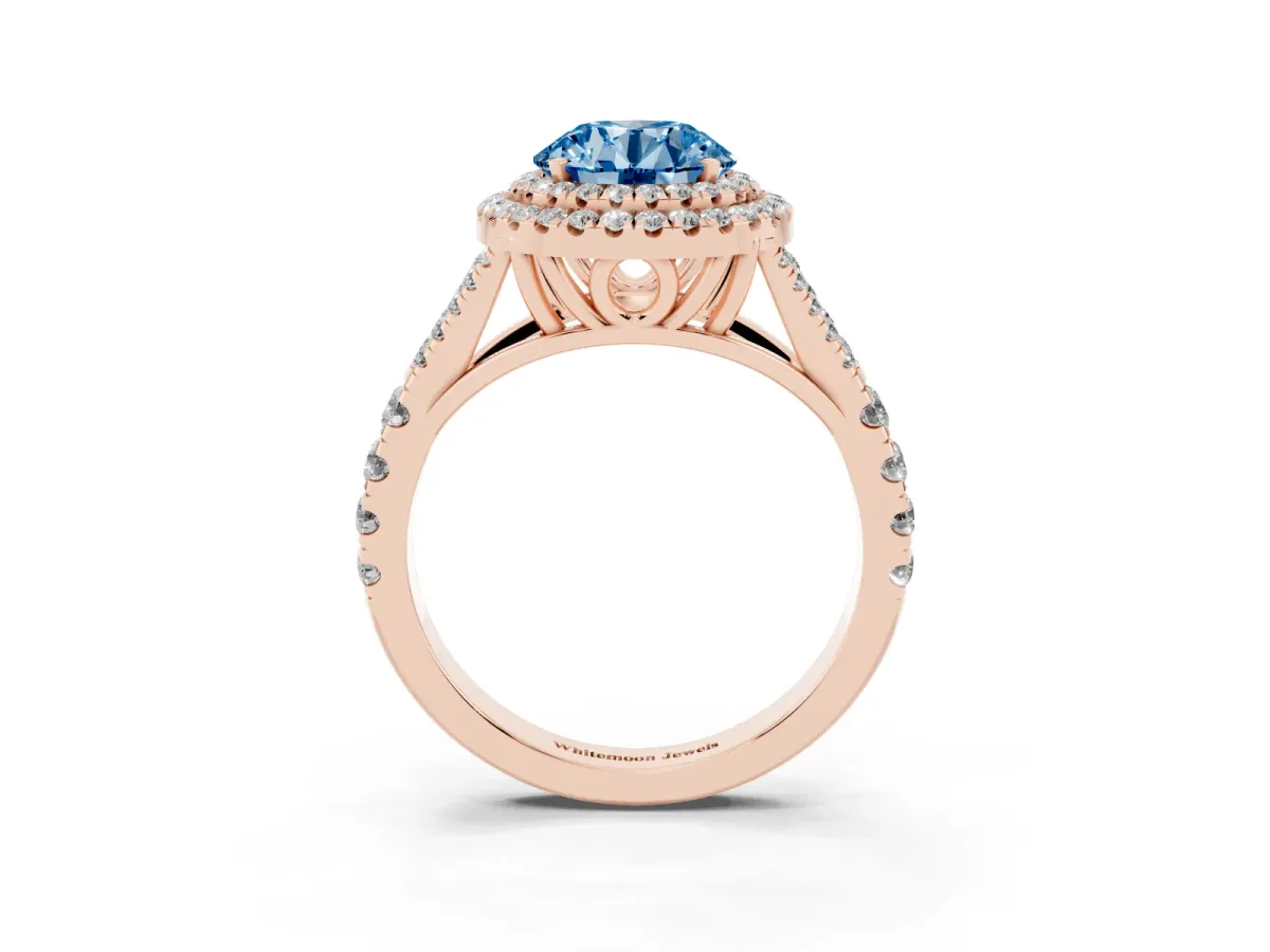 Fancy Blue Round Cut Diamond Pavé Split Shank Double Halo Engagement Ring Rose gold
