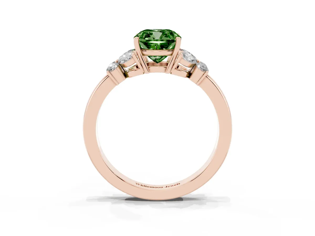 Fancy Green Cushion Cut Cut Solitaire Floral Diamond Ring with Four-Prong Setting Rose gold