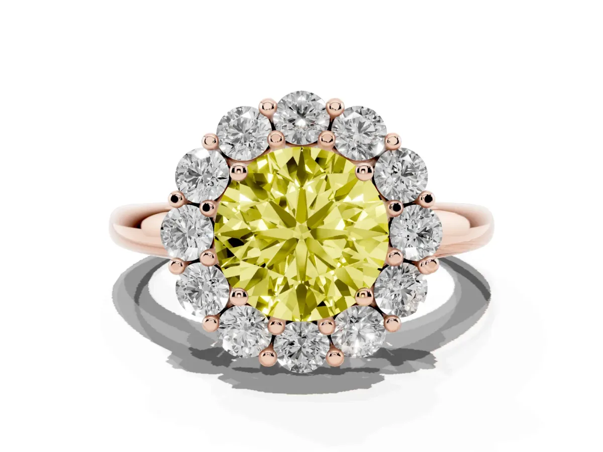 Fancy Yellow Round Cut Halo Cluster Diamond Engagement Ring with Prong Setting and Polished Band Rose gold