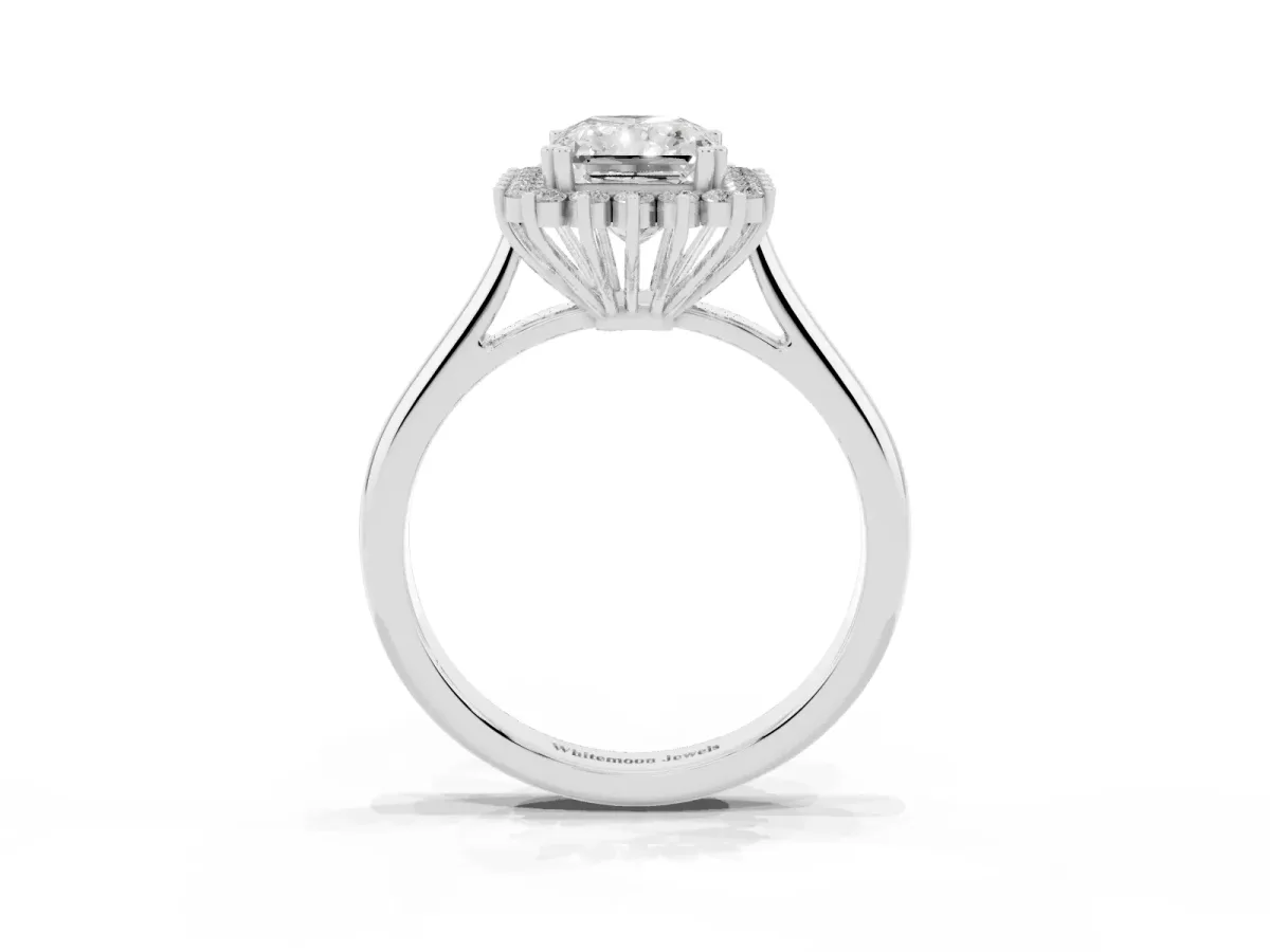 Radiant Cut Cut Diamond Halo Ring with Solitaire Band and Prong Setting White gold