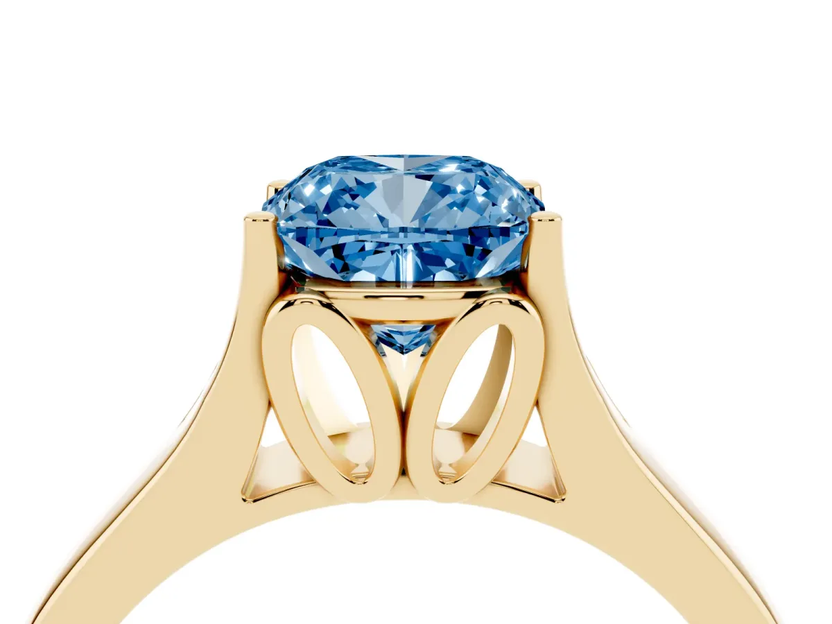 Fancy Blue Cushion Cut Solitaire Diamond Ring with Cathedral Band and Four-Prong Setting Yellow gold