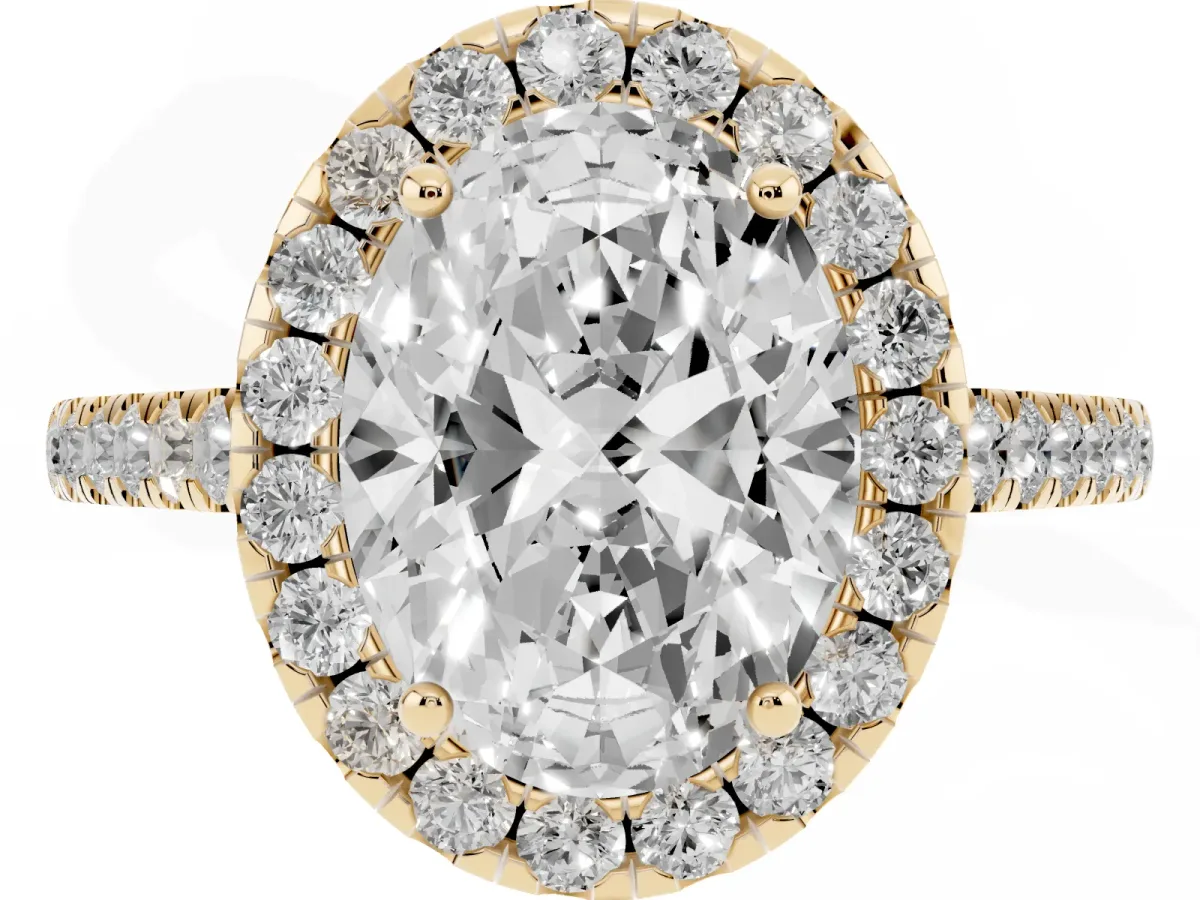 Oval Cut Halo Pave Diamond Engagement Ring with Four-Prong Setting Yellow gold
