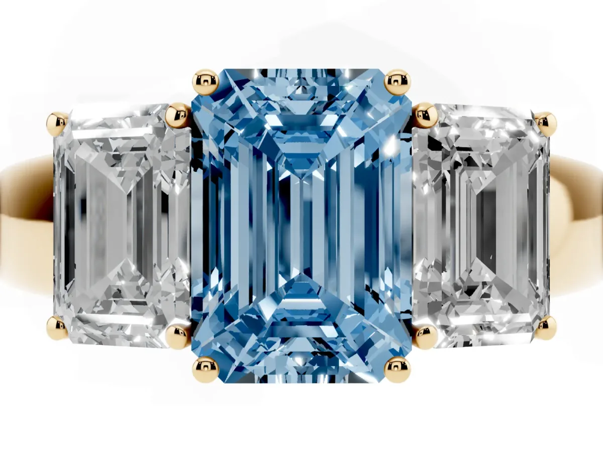 Fancy Blue Three-Stone Emerald Cut Cut Diamond Ring with Prong Setting and Classic Band Yellow gold