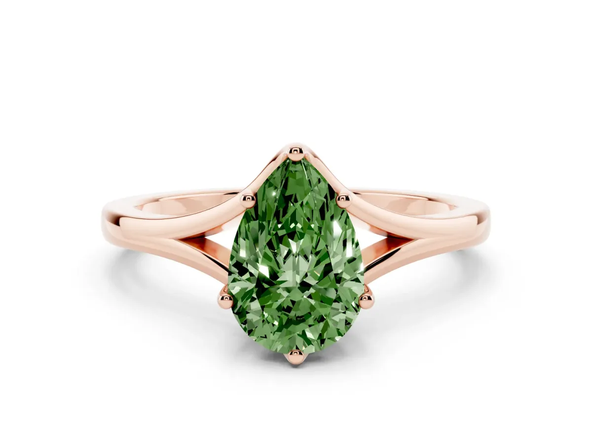 Fancy Green Pear Cut Solitaire Diamond Ring with Six-Prong Setting and Tapered Band Rose gold