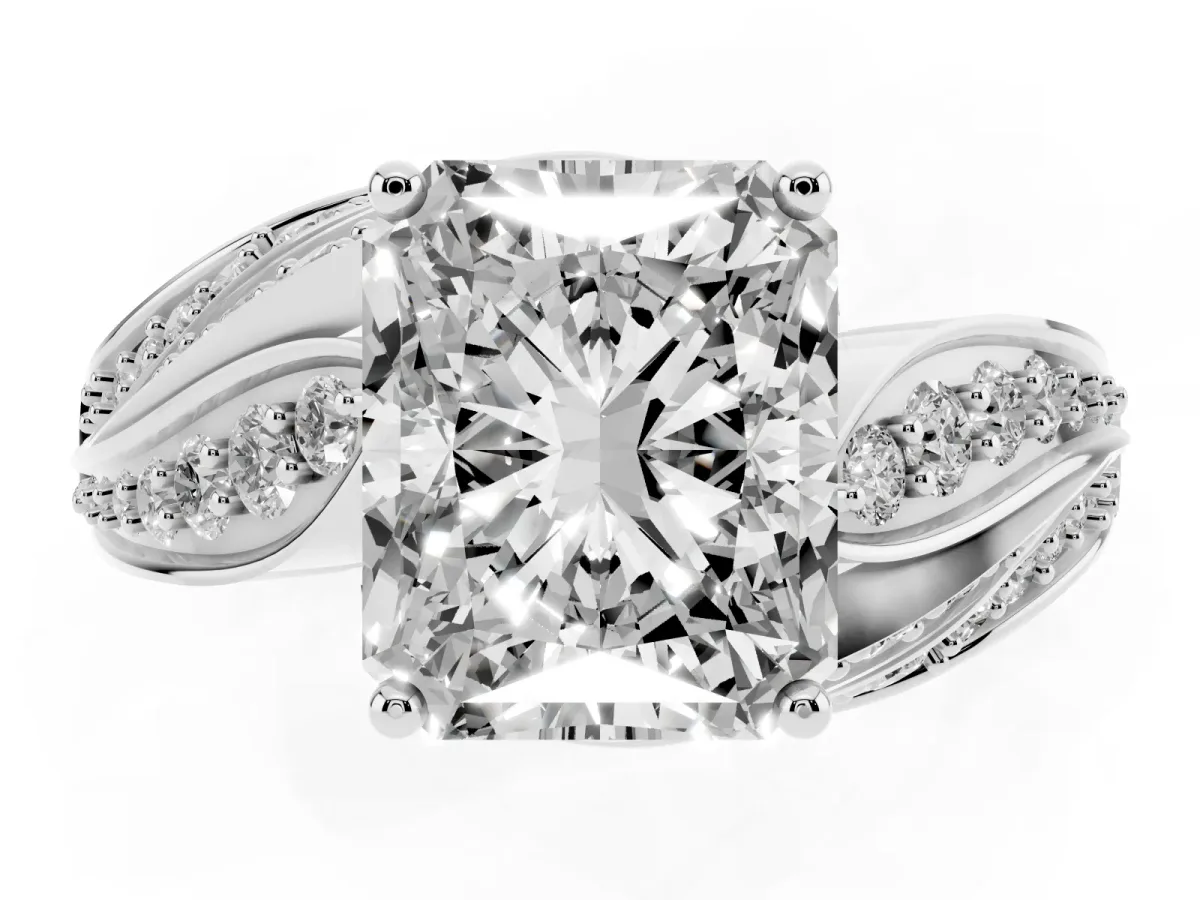 Radiant Cut Diamond Solitaire Ring with Prong Setting and Twisted Pavé Band Silver