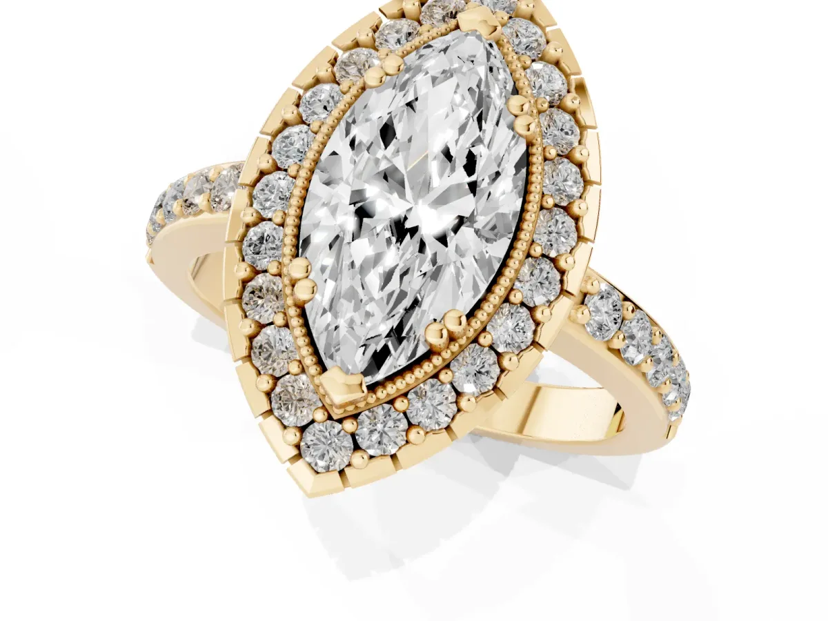 Marquise Cut Diamond Halo Ring with Pavé Band and Prong Setting Yellow gold
