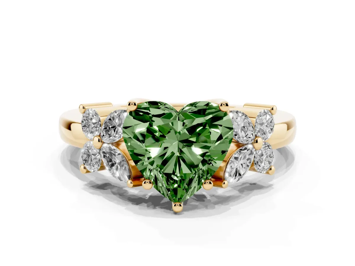 Fancy Green Heart Cut Diamond Floral Cluster Ring with Solitaire Band and Prong Setting Yellow gold