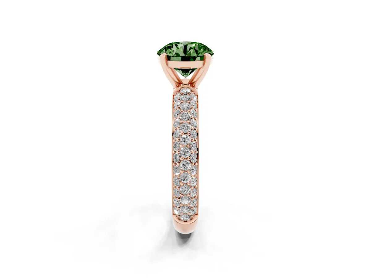 Fancy Green Round Cut Diamond Solitaire Ring with Prong Setting and Pavé Band Rose gold