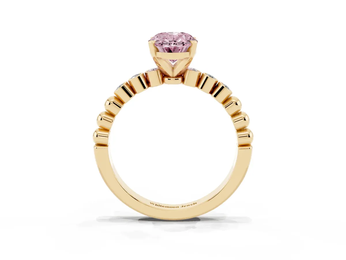 Fancy Pink Oval Cut Solitaire Bezel Accent Diamond Engagement Ring with Beaded Band and Four-Prong Setting Yellow gold