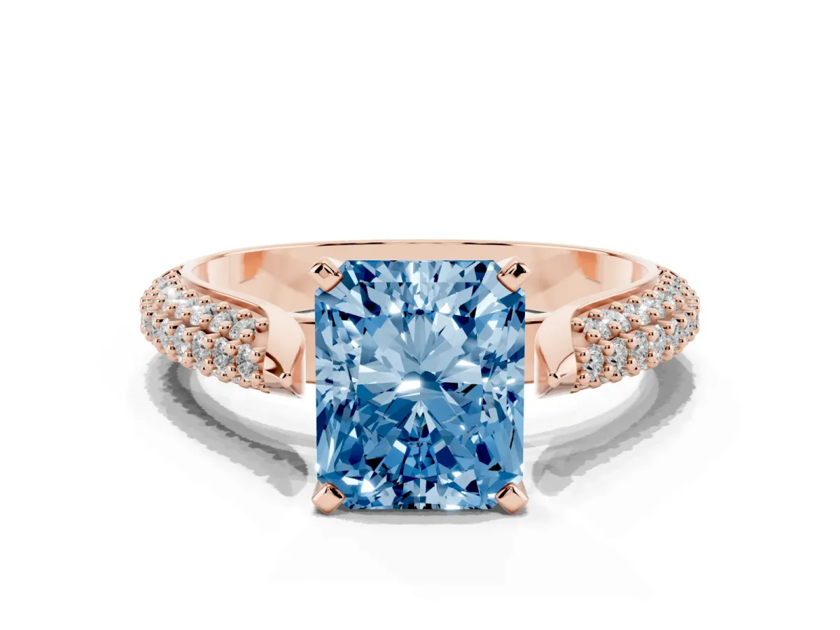 Fancy Blue Radiant Cut Diamond Solitaire Engagement Ring with Multi-Row Round Pavé Band and Prong Setting Rose gold