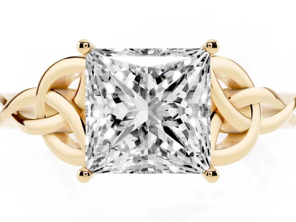 Princess Cut Diamond Solitaire Engagement Ring with Celtic Knot Band and Four-Prong Setting Yellow gold
