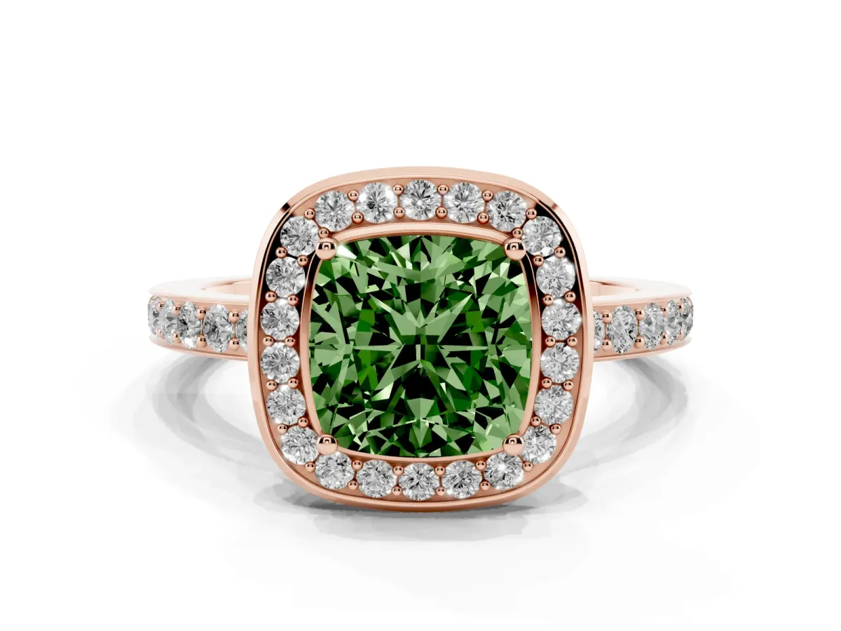 Fancy Green Cushion Cut Diamond Halo Ring with Bezel Frame and Pavé Band Rose gold