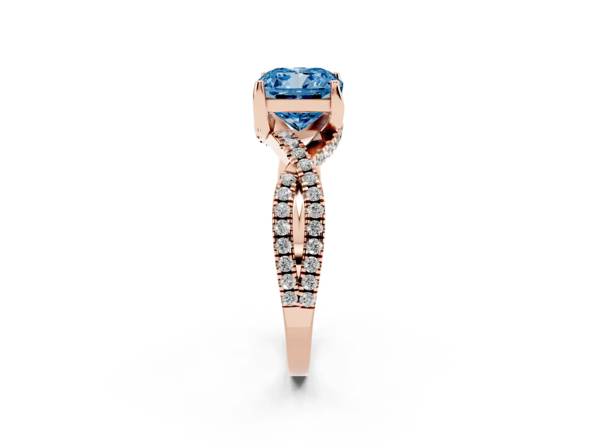 Fancy Blue Cushion Cut Solitaire Twist Pave Diamond Engagement Ring with Prong Setting Rose gold