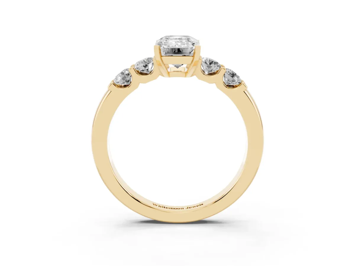 Emerald Cut Brilliant Cut Diamond Five-Stone Prong Set Engagement Ring with Channel Band Yellow gold