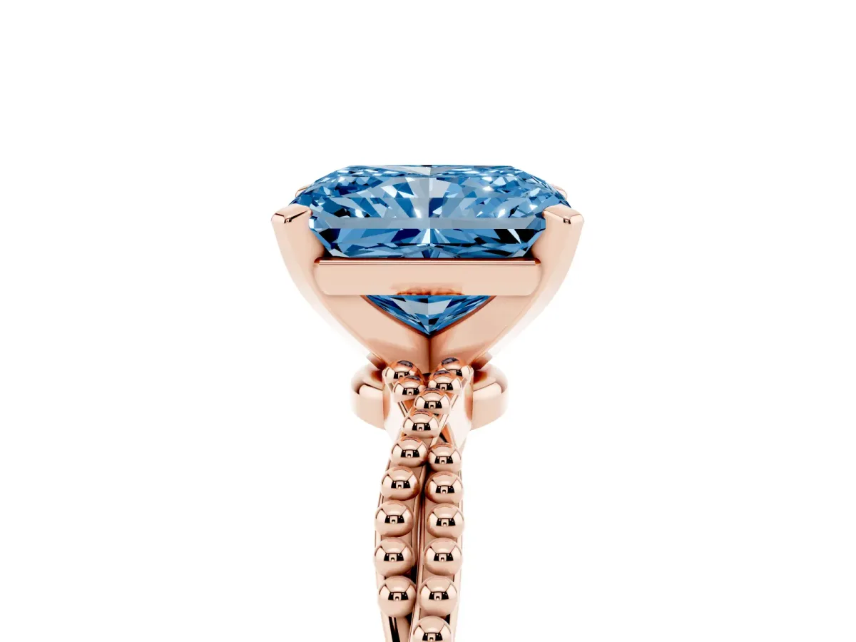Fancy Blue Radiant Cut Solitaire Twisted Band with Bead Prong Setting Rose gold