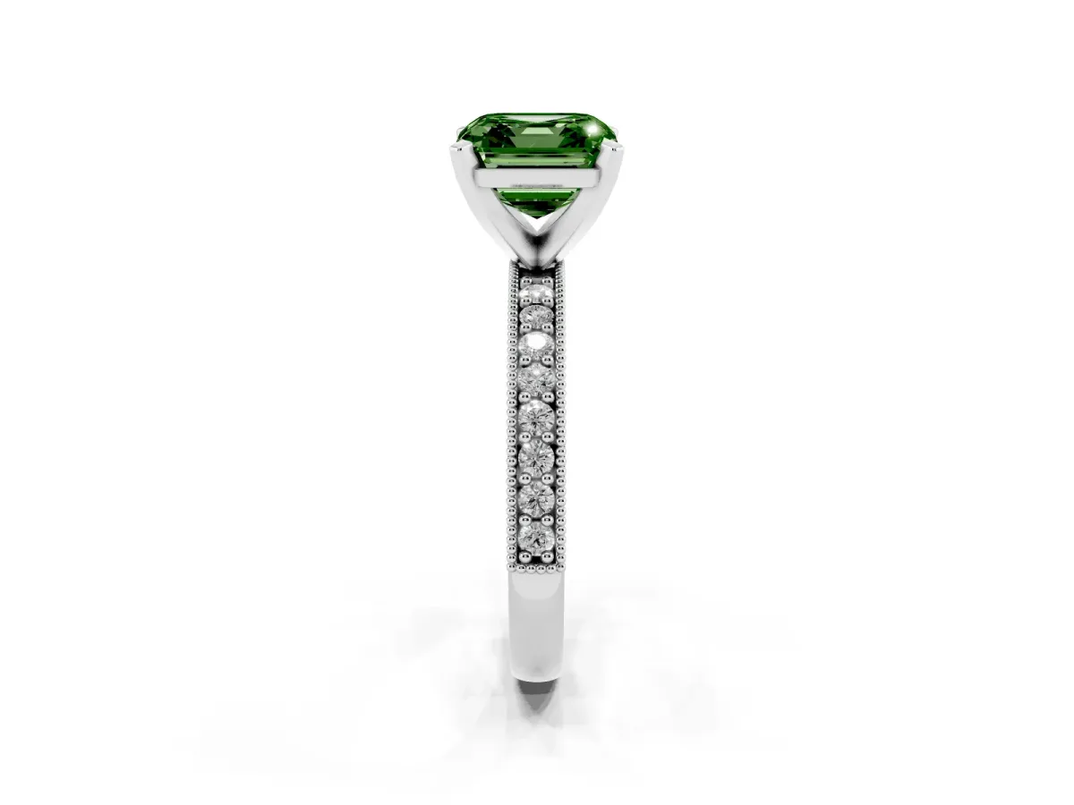 Fancy Green Asscher Cut Diamond Milgrain Pavé Engagement Ring with Four-Prong Setting Silver