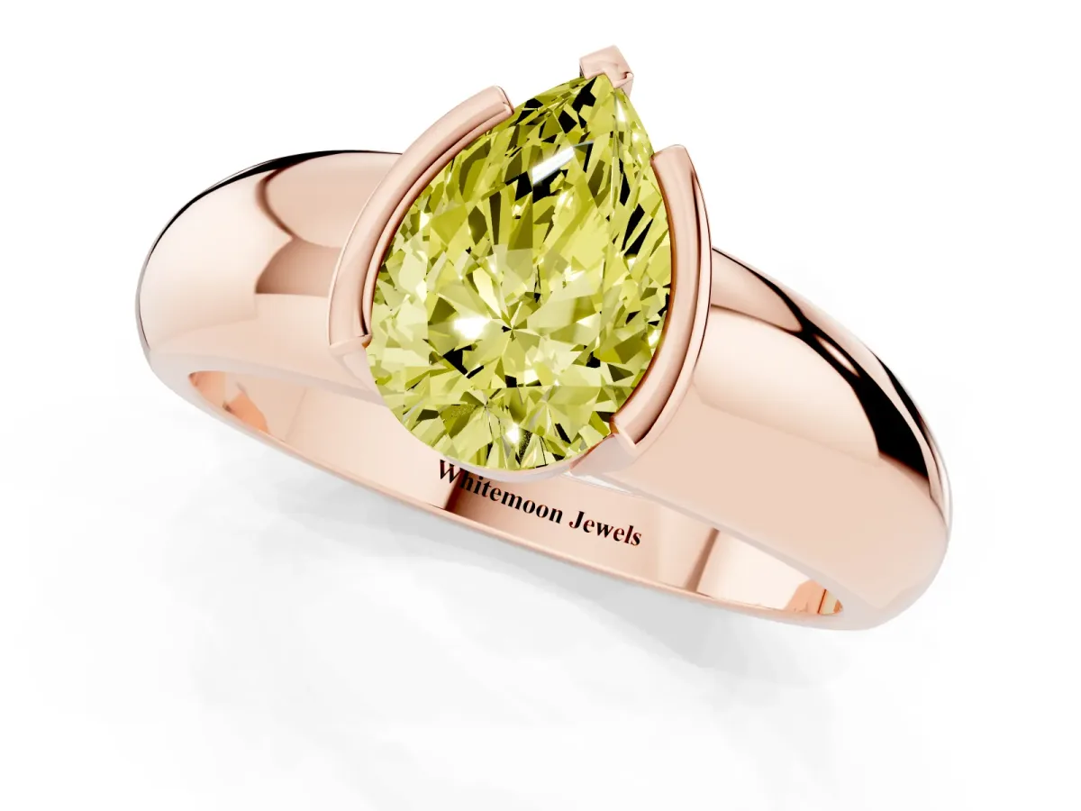Fancy Yellow Pear Cut Solitaire Tension Set Diamond Ring with Wide Band Rose gold