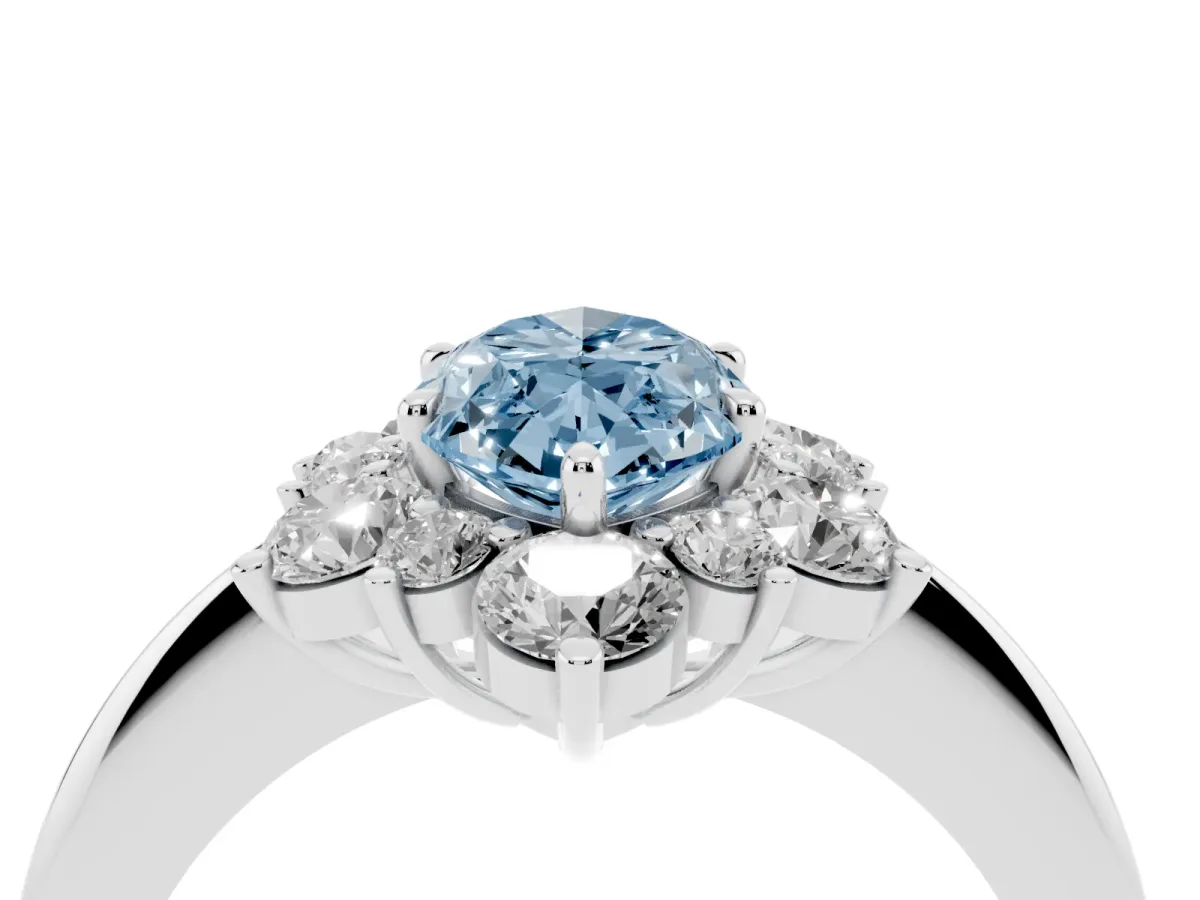 Fancy Blue Marquise Cut Diamond Cluster Halo Ring with Solitaire Band and Four-Prong Setting White gold