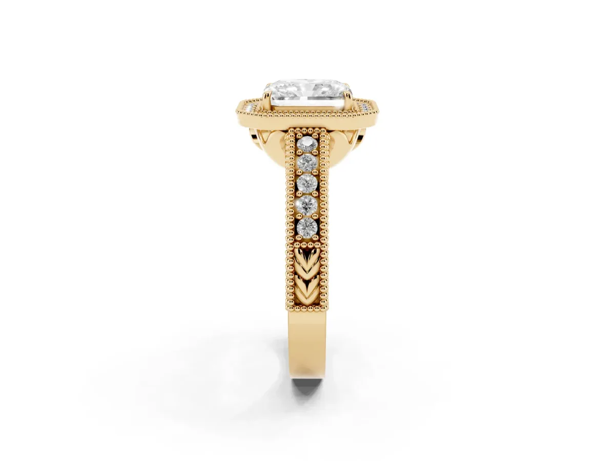 Radiant Cut Cut Halo Diamond Ring with Pavé Band and Four-Prong Setting Yellow gold
