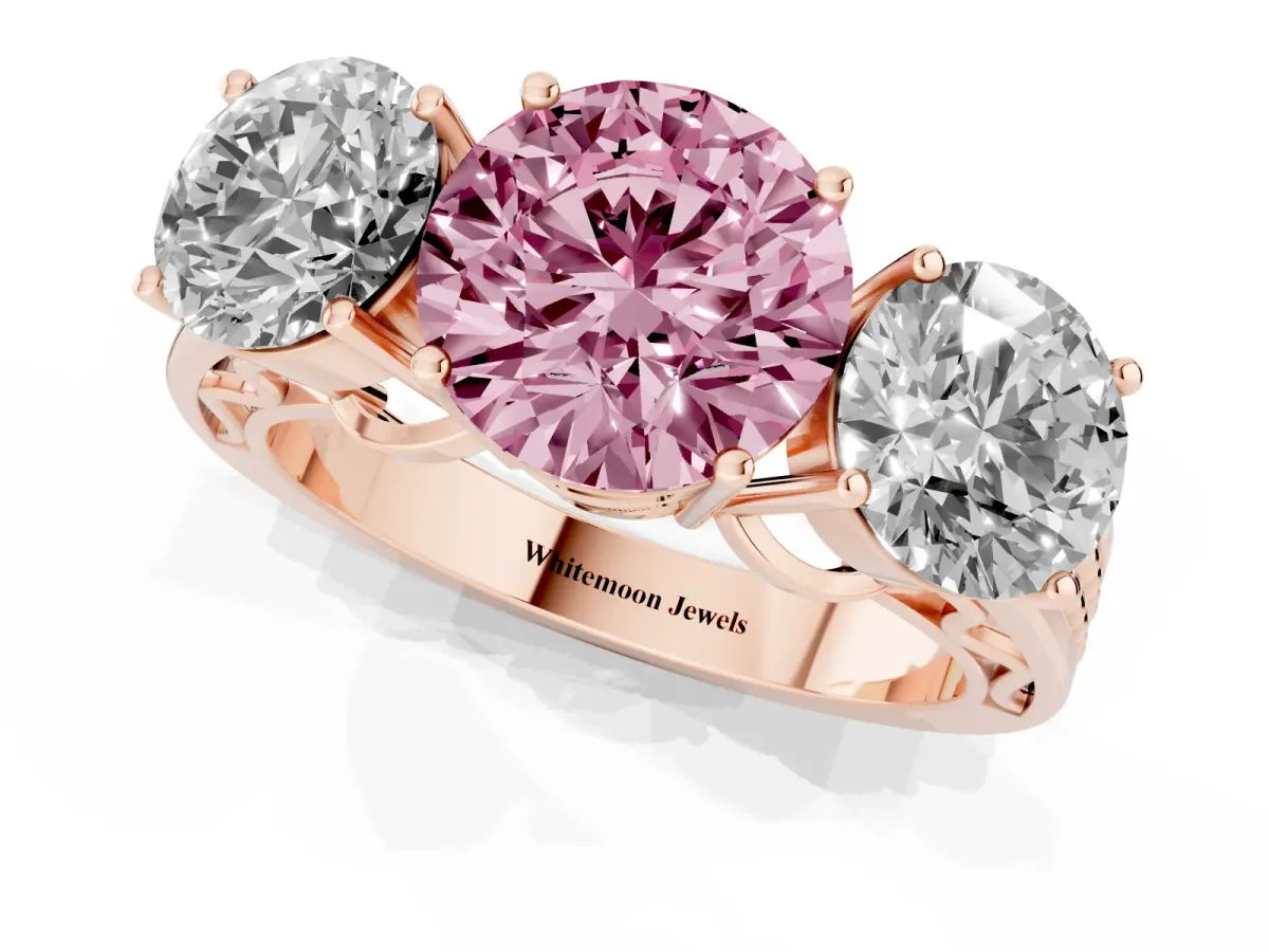 Fancy Pink Round Cut Diamond Three-Stone Ring with Prong Setting and Textured Band Rose gold
