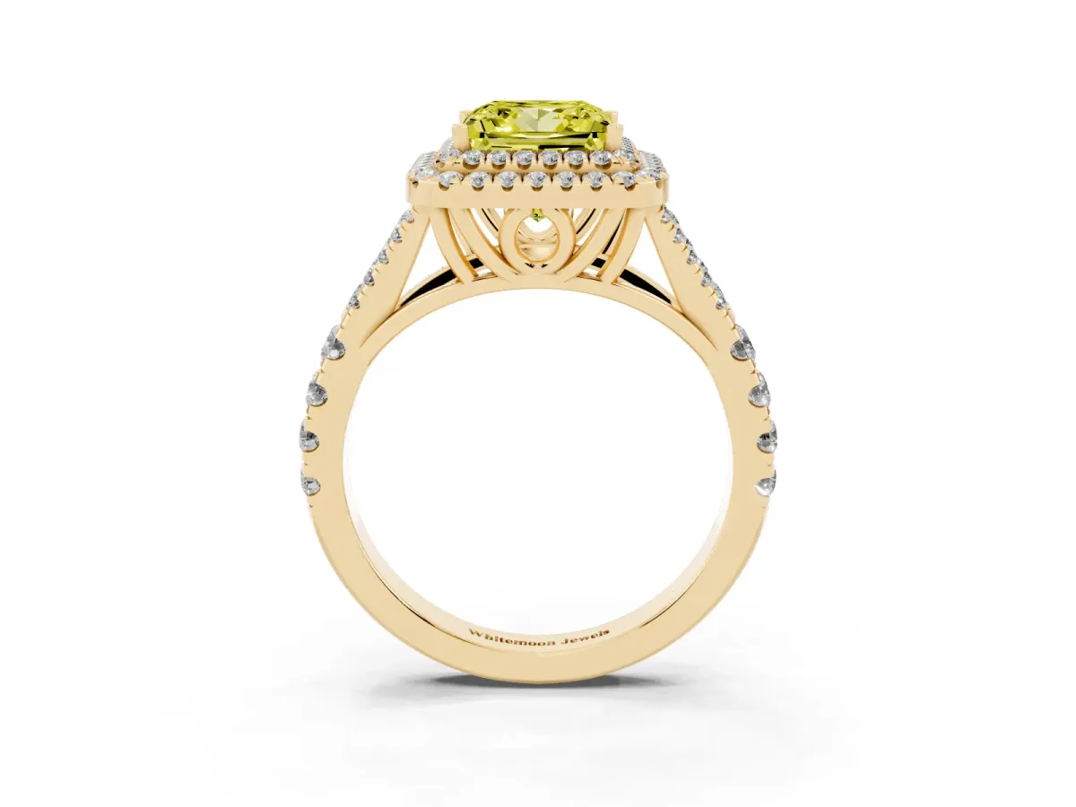 Fancy Yellow Princess Cut Diamond Pavé Split Shank Double Halo Engagement Ring Yellow gold
